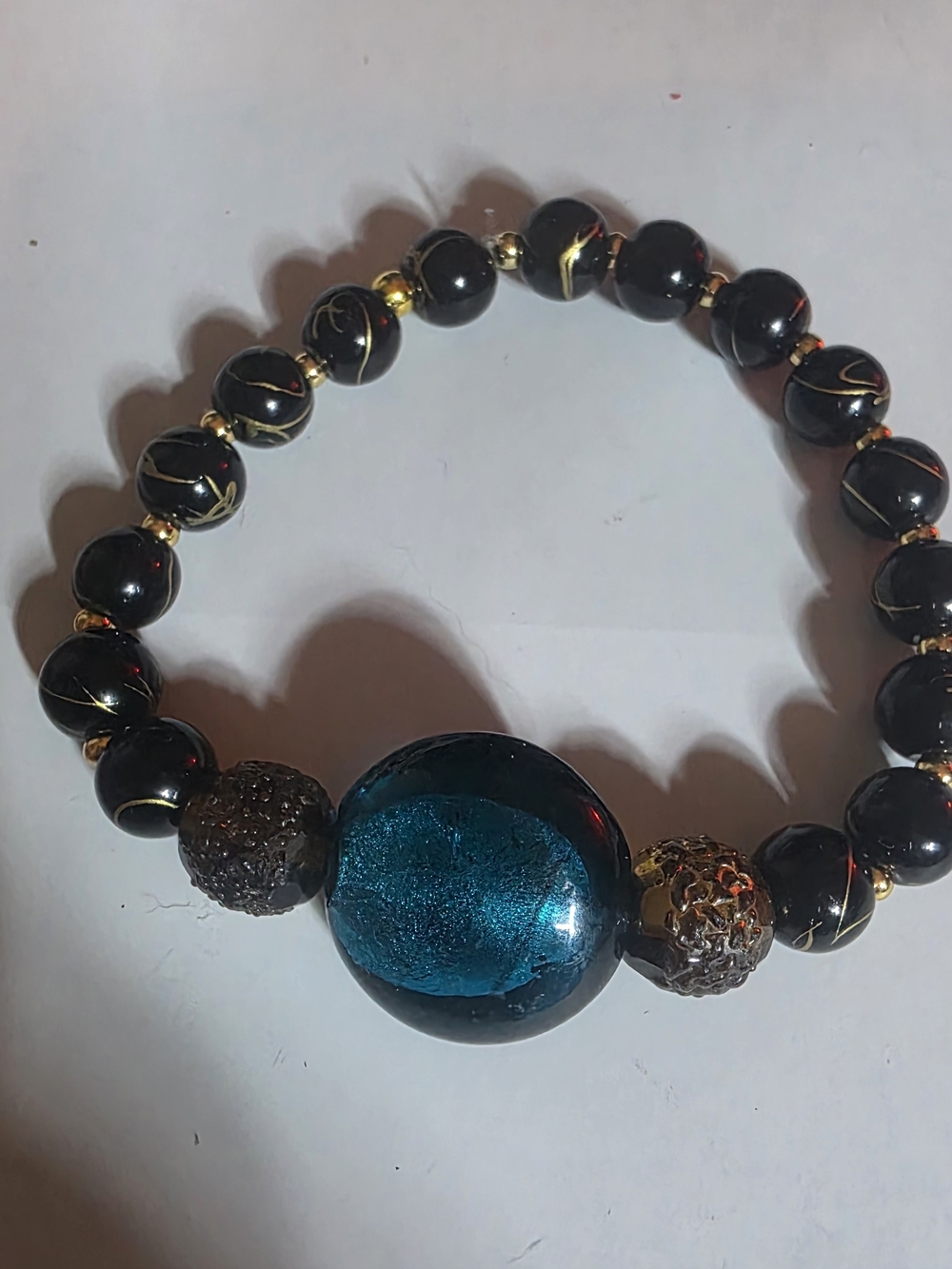 Blue Teal Focal Bead Etched Glass Bracelet